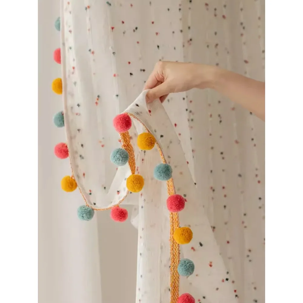 Retro cotton linen rainbow ball yarn cream style bedroom living room children's room cotton linen curtains tulle custom curtains
