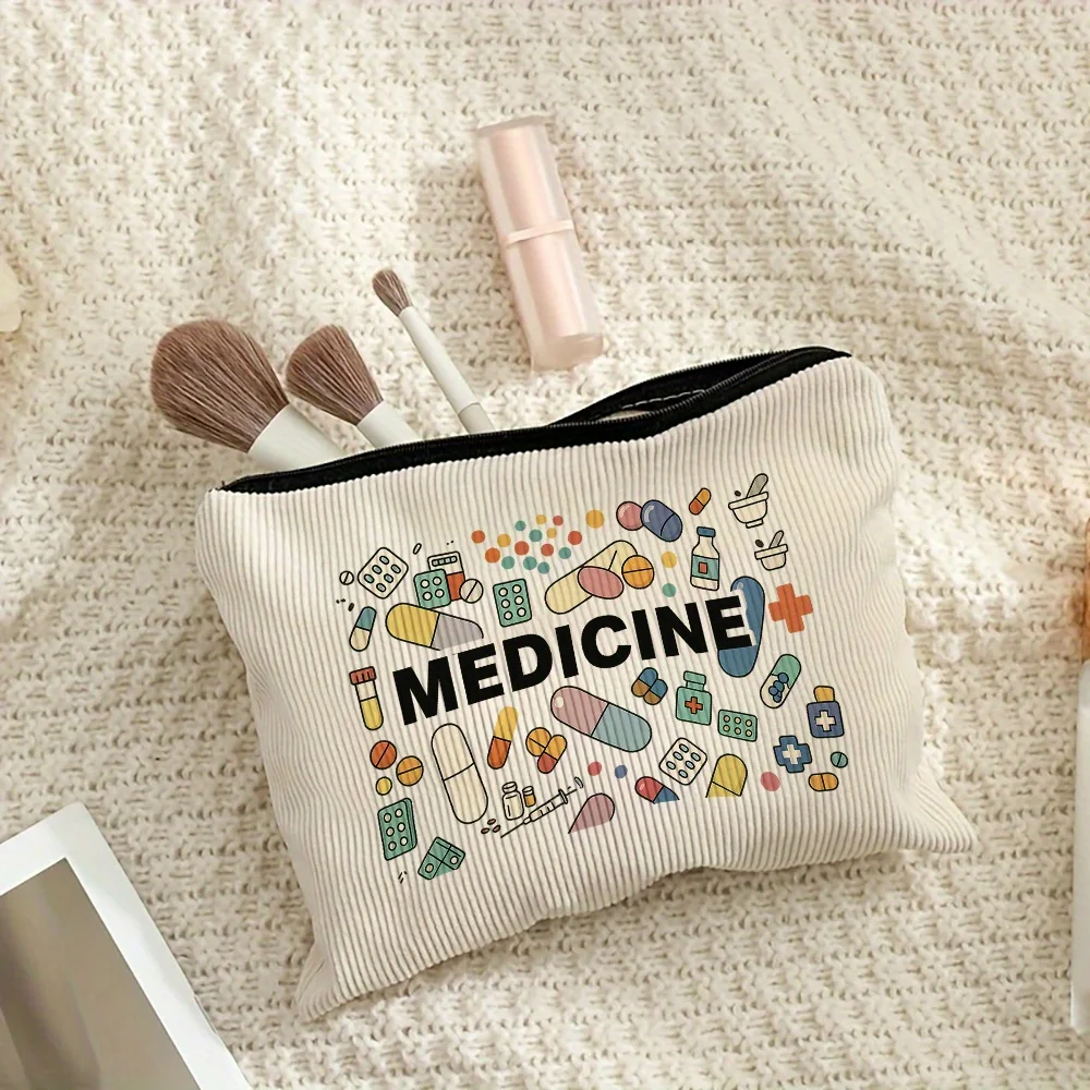 Colorful Pills Capsules Medicine Printed Corduroy Storage Pouch Portable Travel First Aid Medical Organizer Bag Gift for Nurse