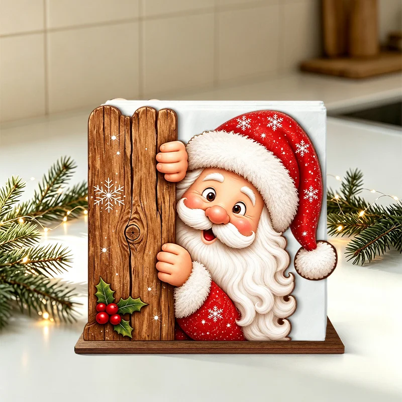 1Pc Peeking Santa Wooden Napkin Holder, Snowflake Holly Berry Decor Napkin Dispenser, Christmas Table Centerpiece for Kitchen Pa