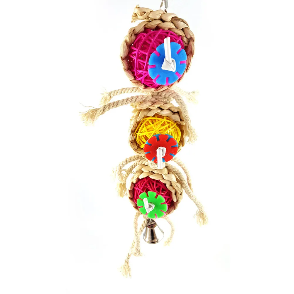 Natural Sepak Takraw Rattan Ball Parrot Chew Bite Swing Bells Safe Cage Hanging Bird Plaything for Macaw African Grey