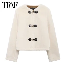 TRAF Cropped Fleece Jacket Outerwears 2024 Women's Autumn Winter Long Sleeve Fluffy Coats Elegant Casual Beige Short Coats