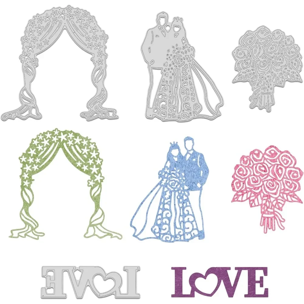 4pcs Metal Wedding Cutting Dies Bride Groom Veil Bouquet for DIY Scrapbooking Album Decorative Wedding Invitation Card Making