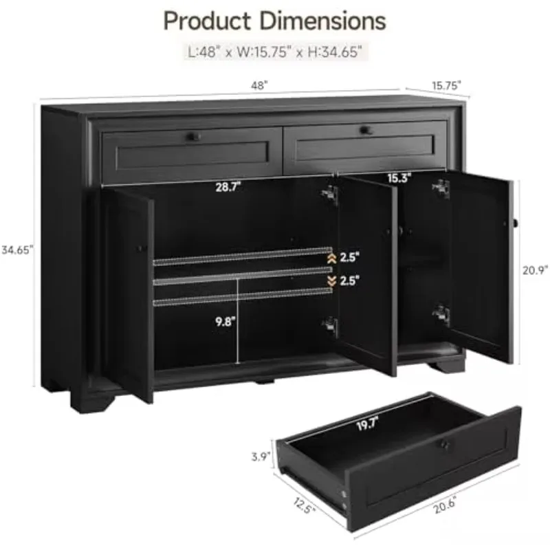 48 Inches Sideboard Buffet Cabinet with Storage, Farmhouse Sideboard with 2 Drawers and 3 Doors, Wood Coffee Bar