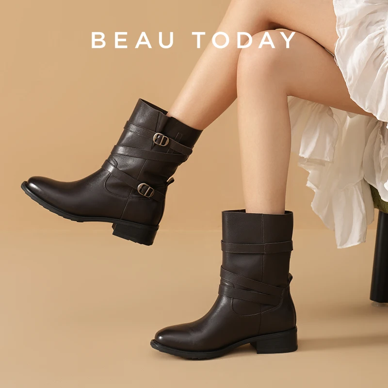 BEAUTODAY Western Boots Women Cow Leather Solid Color Round Toe Double Buckle Strap Mid-Calf Boots Ladies Shoes Handmade 02274