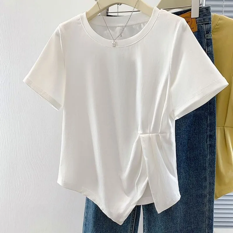 Nice Femme Summer Korean Fashion Solid Color O-neck Women Clothing All-match Appear Thin Irregular Slim Short Sleeve Cotton Card