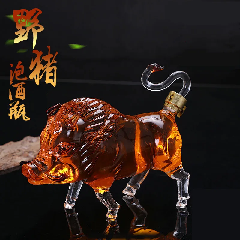Fun Wild Boar Shaped Whiskey Bottle High Borosilicate Glass Soaking Bottle Collection Bottle Home Bar Display Ornament Decoratio