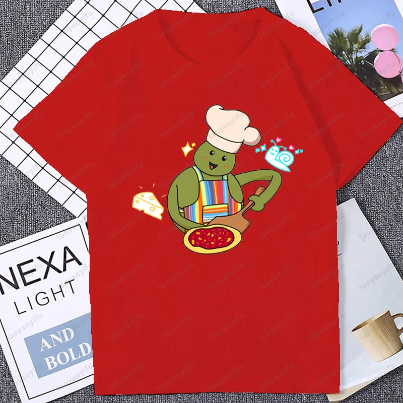 لطيف الفكاهة صغيرة الشيف البيتزا ميمي الجرافيك تي شيرت مطبوع موضة عادية فضفاض Harajuku رجل الشارع الشهير التنفس الراحة التي شيرت