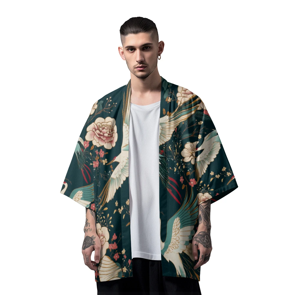 Classic Versatile Section Fashion Crane Floral Printed Feather Woven Robe Men's Fashion Design Casual Kimono Men's Tops