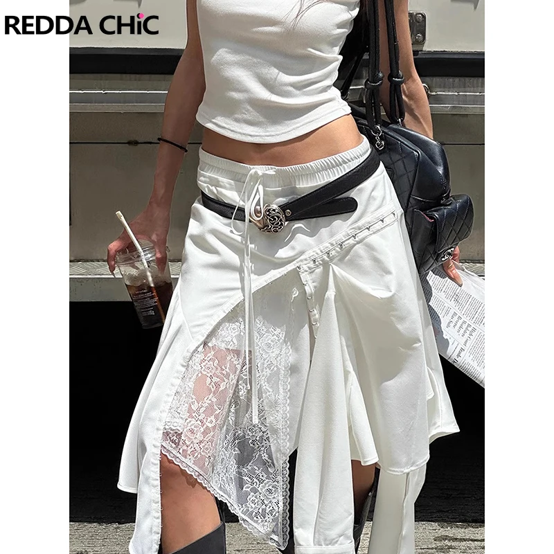 

ReddaChic Stitch Lace Women Knee Long Skirt White Stylish Hook & Eye Decor Split Flowy Asymmetrical Skirt Western Streetwear