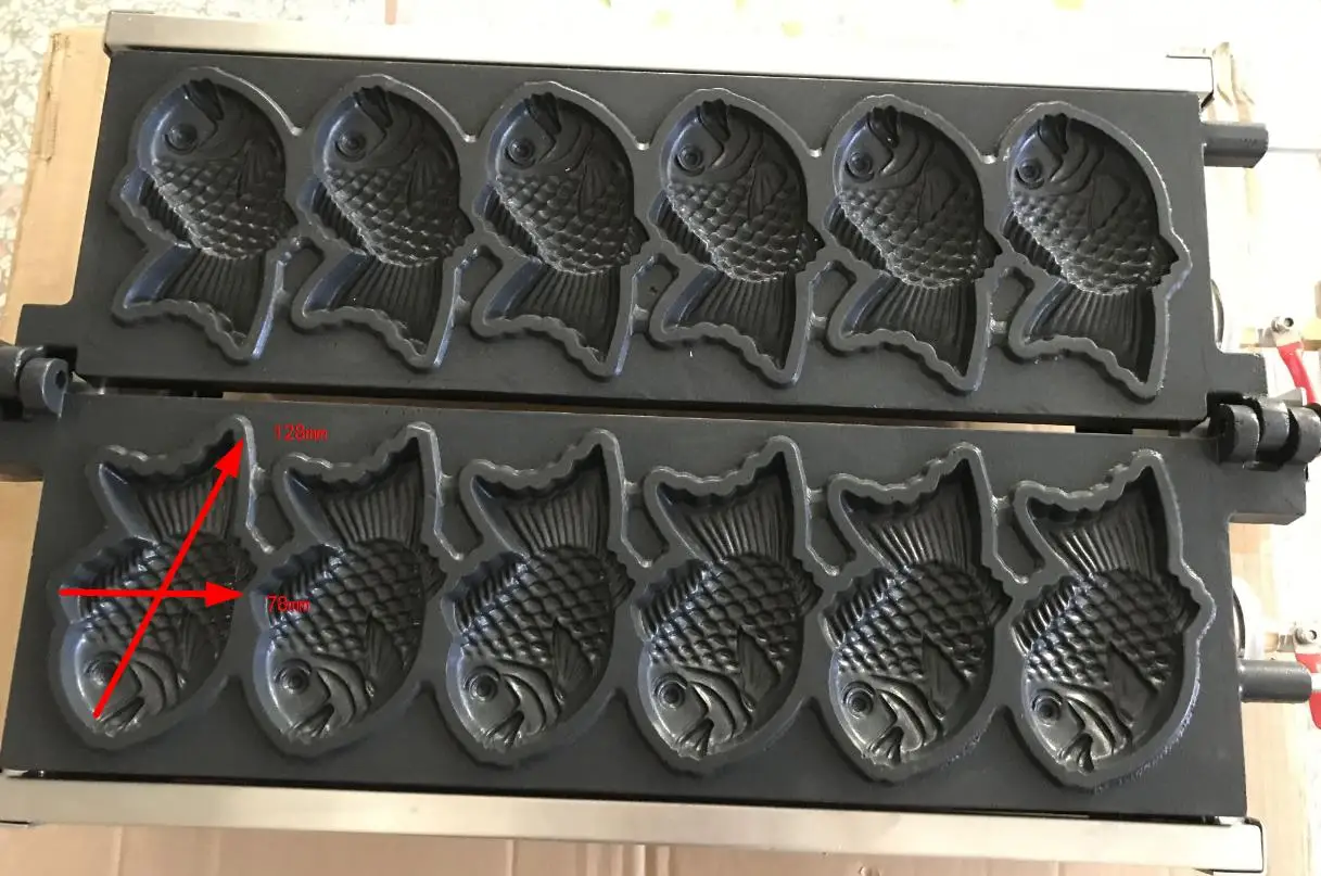 Máquina comercial de waffle taiyaki em forma de peixe, 6 peças, aço inoxidável, máquina de grelha de waffle taiyaki para doces e lanches