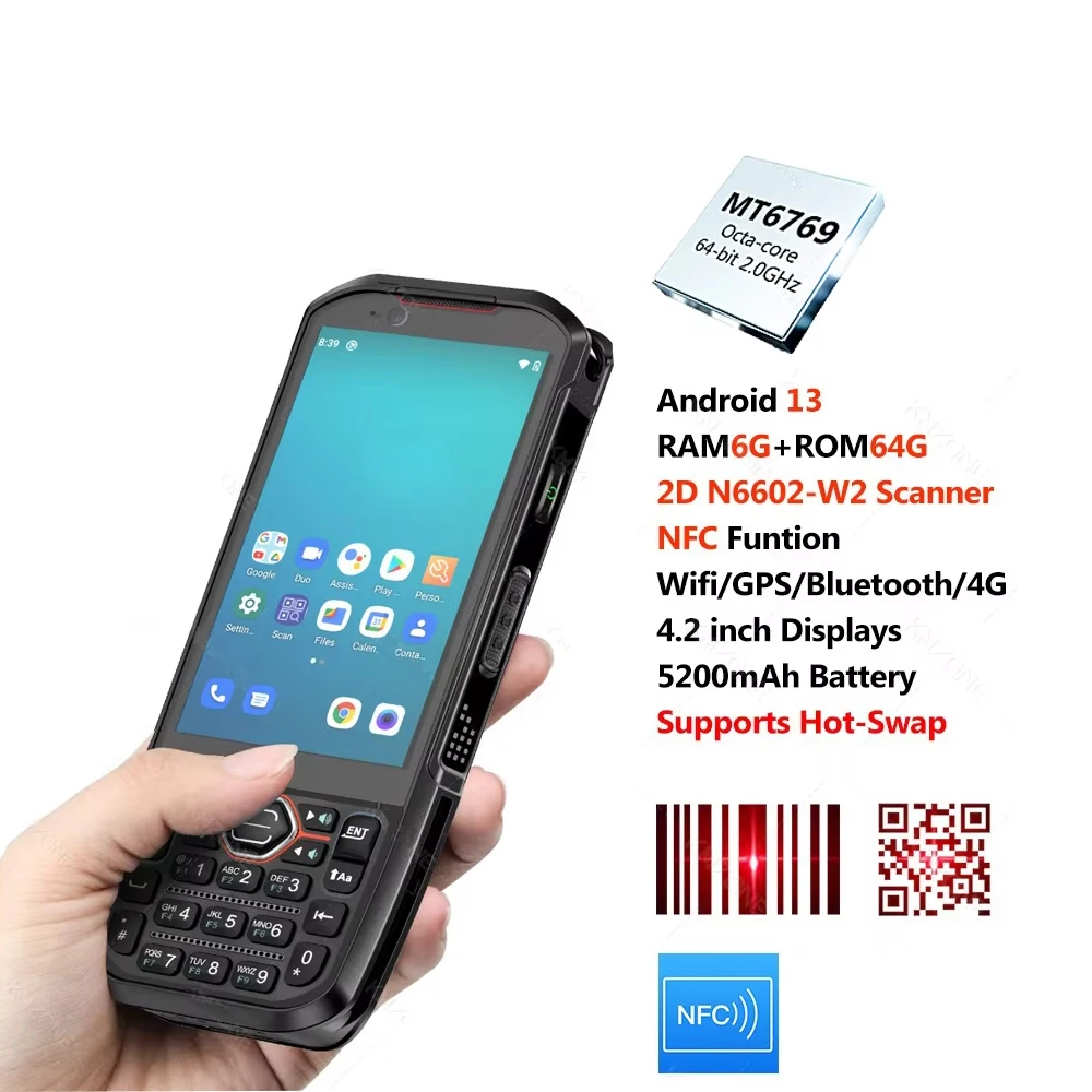 4,2-calowy terminal mobilny z systemem Android 13, skaner kodów kreskowych 2D, wodoodporny terminal przemysłowy, 6 GB RAM, 64 GB ROM, kolektor danych