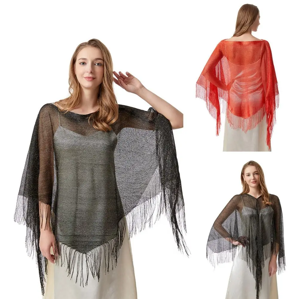 

Knit Tassel Knit Poncho Top with Tassel Shimmer Asymmetrical Beach Cover Up Sheer Crochet Mesh Off Shoulder Sheer Poncho
