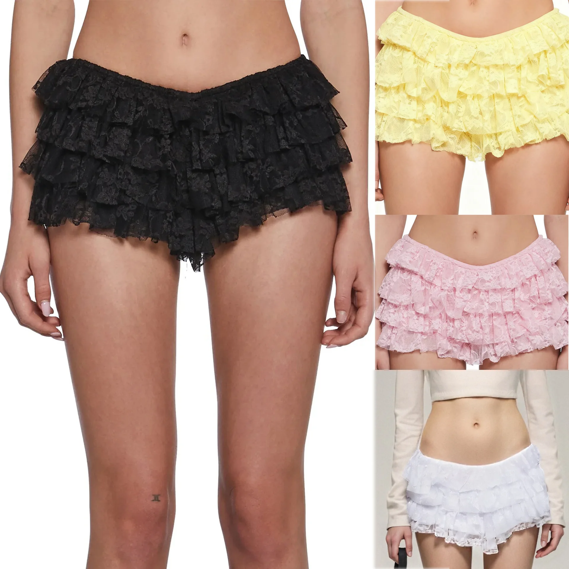 White Multi Tier Sheer Tulle Lace Shorts High Waist Ruffle Mini Hot Pants Sexy Sleep Lingerie Casual Bottoms Sweet Z6GR
