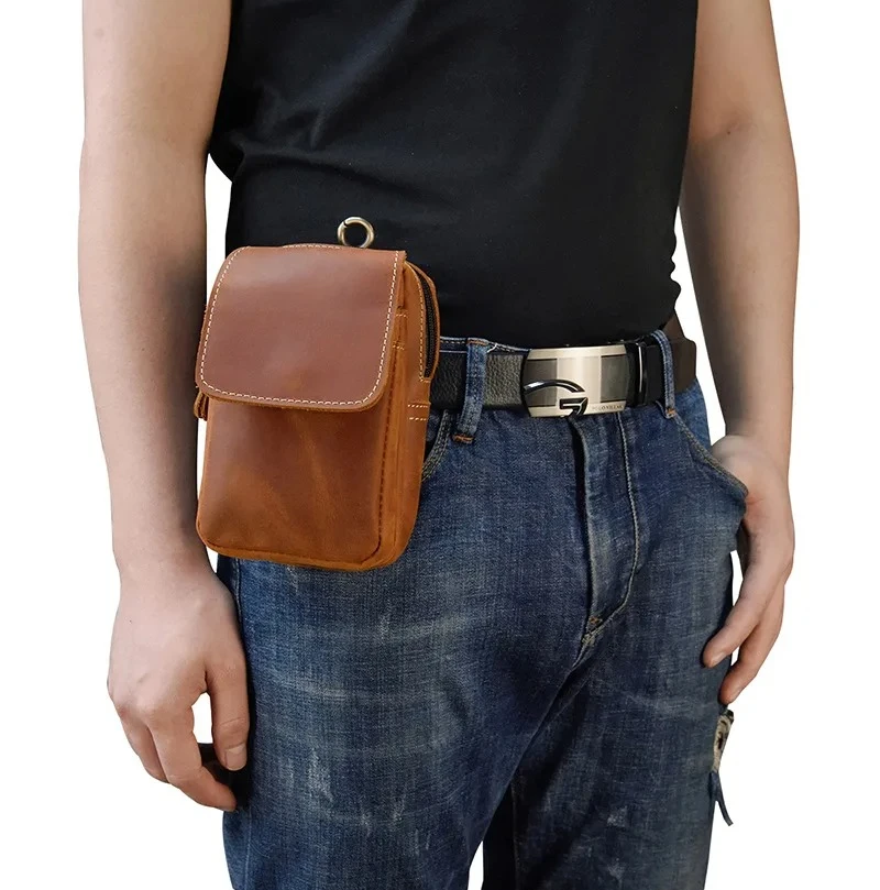 

Мужская поясная сумка из натуральной кожи в стиле ретро, двухслойный ремень, поясной кошелек для хранения мобильного телефона, прочный