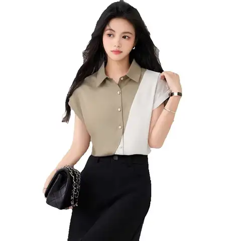 여성을위한 컬러 블록 반팔 셔츠 2025 뉴 여름 새로운 복고풍 기질 셔츠 패션 버튼 스플 라이스 탑