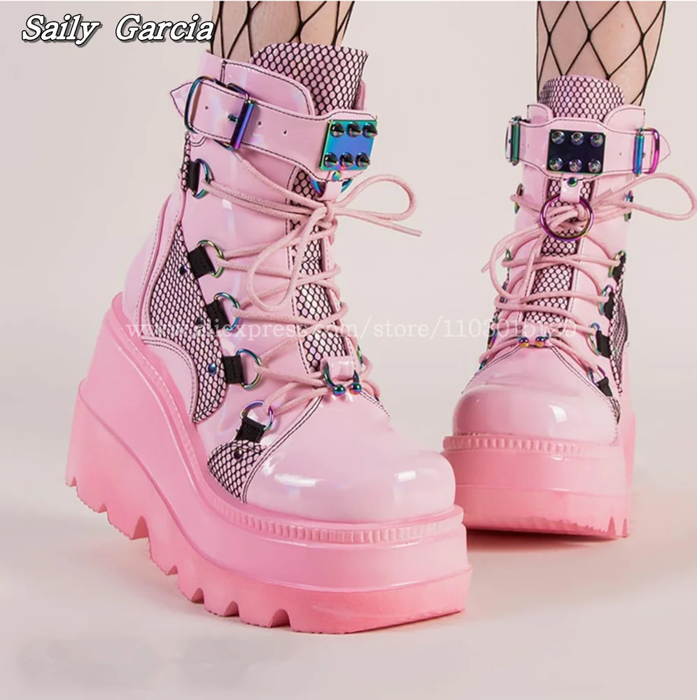 

Punk Style Wedges Air Mesh Metal Rivet Motorcycle Boots Solid Buckle Strap Height Increasing Shoes Large Size Sexy Casual Shoes