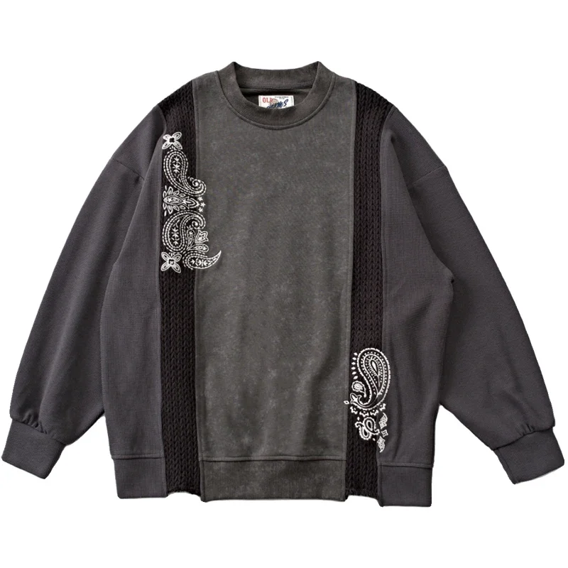 Japanese Style Washed Multi Material Patchwork Cashew Flower Embroidery Round Neck Pullover Loose Hoodie Top for Men and Women