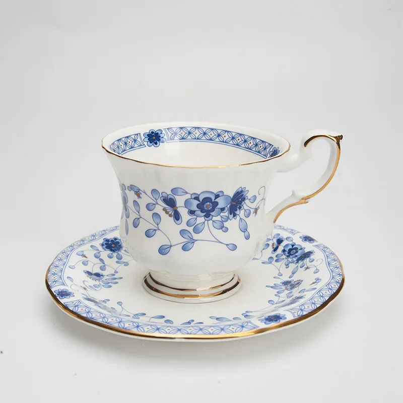 High-end European Style Bone China Coffee Cup and Saucer Set Gold Rim Bluebell Pattern for Home Afternoon Tea Restaurant
