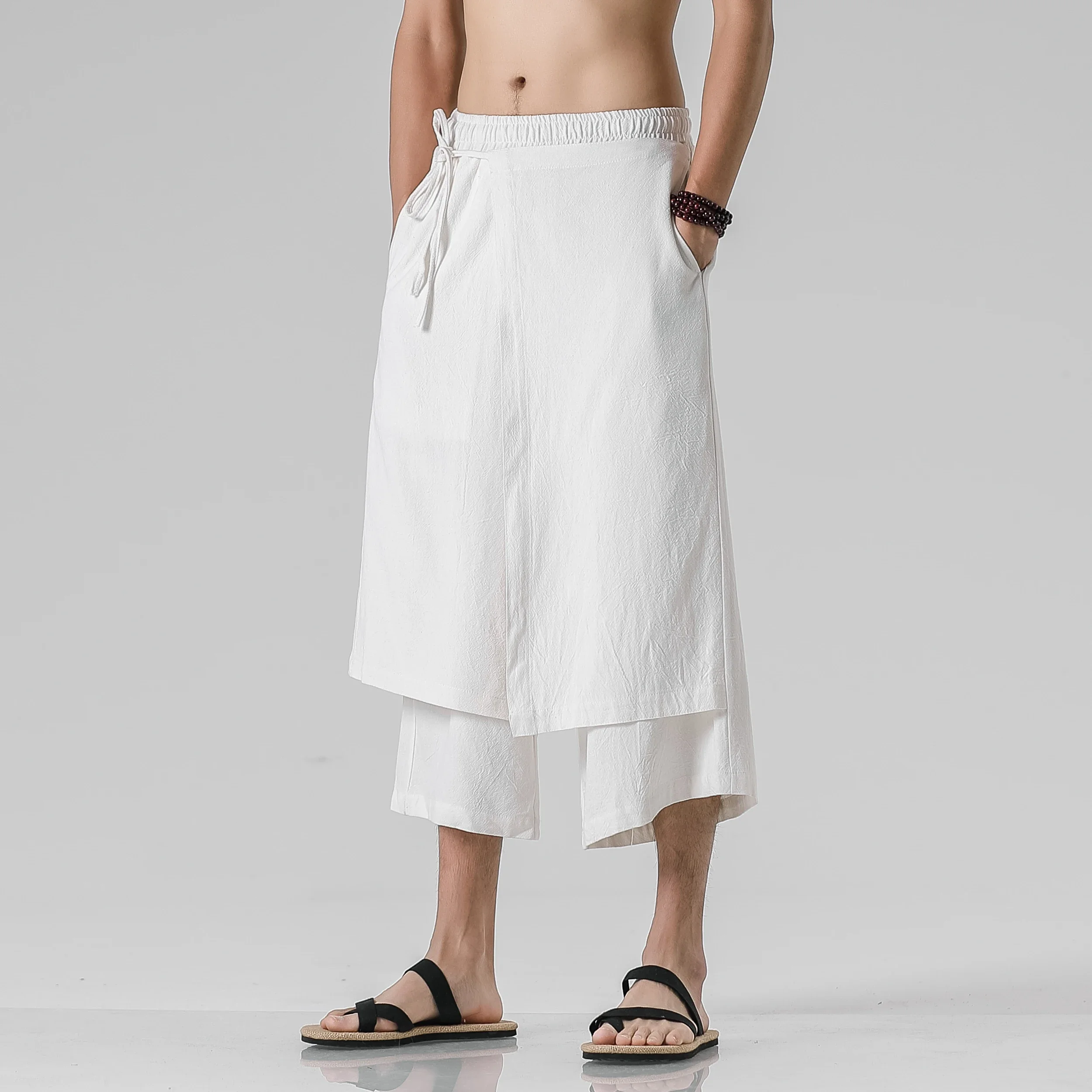 

Men Casual Withe Wide Leg Pants Mens Irregular Cotton Linen Harem Pants Male Solid Vintage Skirts Trousers M-5XL