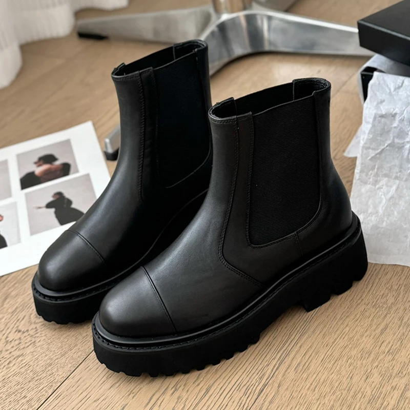 2024 Autumn Winter New Thick Sole Elastic Band Short Boots Women Cow Leather Round Toe Classic All Match Chelsea Boots Handmade