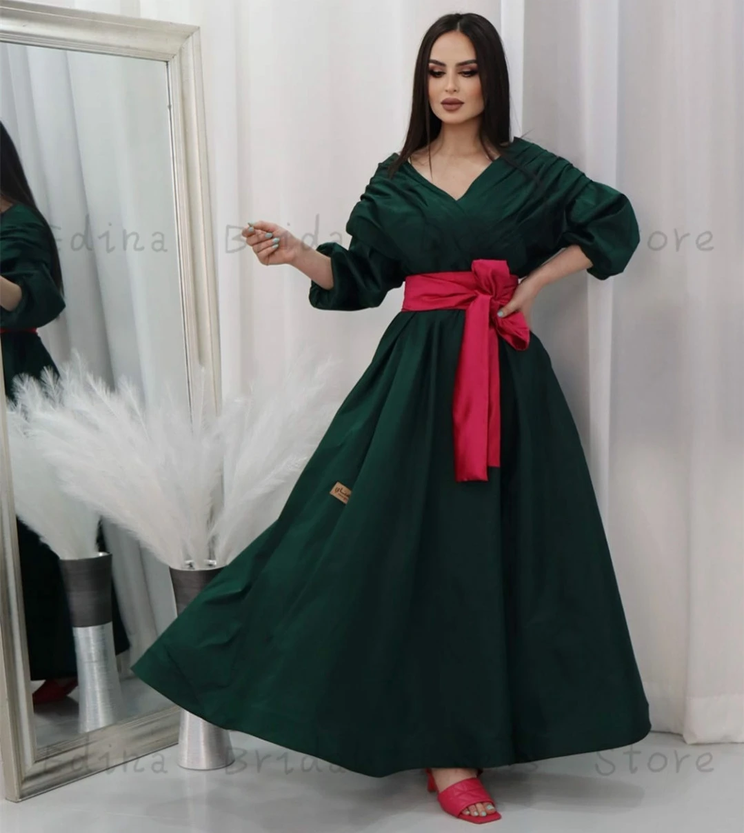 

Vintage Puffy Sleeve Party Prom Dresses for Women 2023 Ankle-Length V-Neck Taffeta Formal Gown with Split A-Line Gala Dress