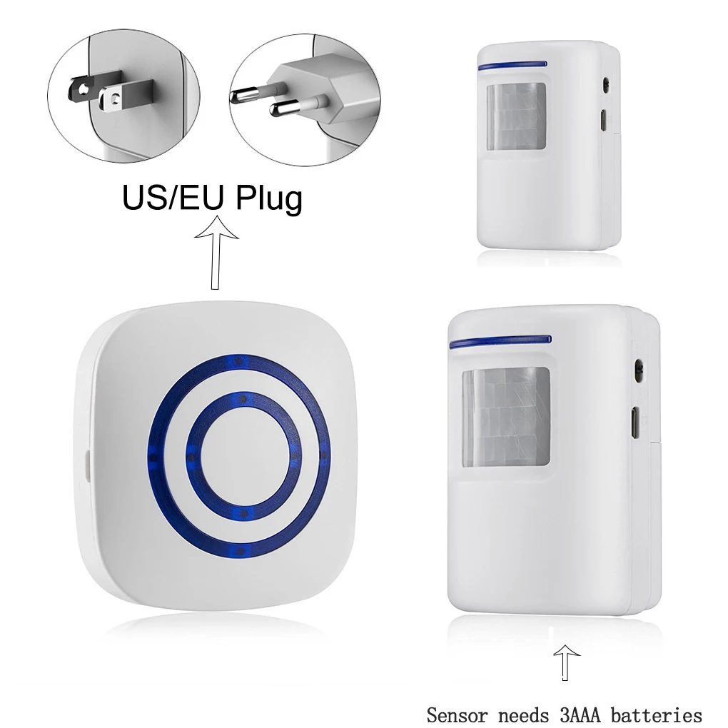 Беспроводной дверной звонок, электронный комплект с 1 штепсельным приемником, 2 датчика движения PIR, 38 мелодий звонка для посетителей, умные рингтоны