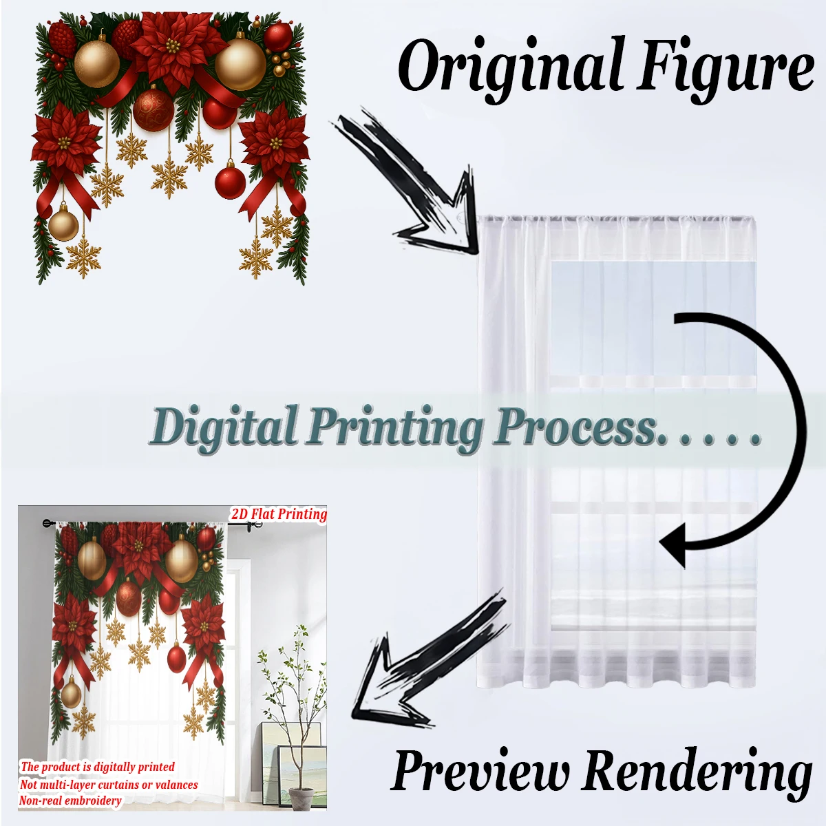 Christmas Flat Printing Sheer Curtain with Christmas Poinsettia Snowflak Pine Branch for Living Room Bedroom Decor Holiday Party