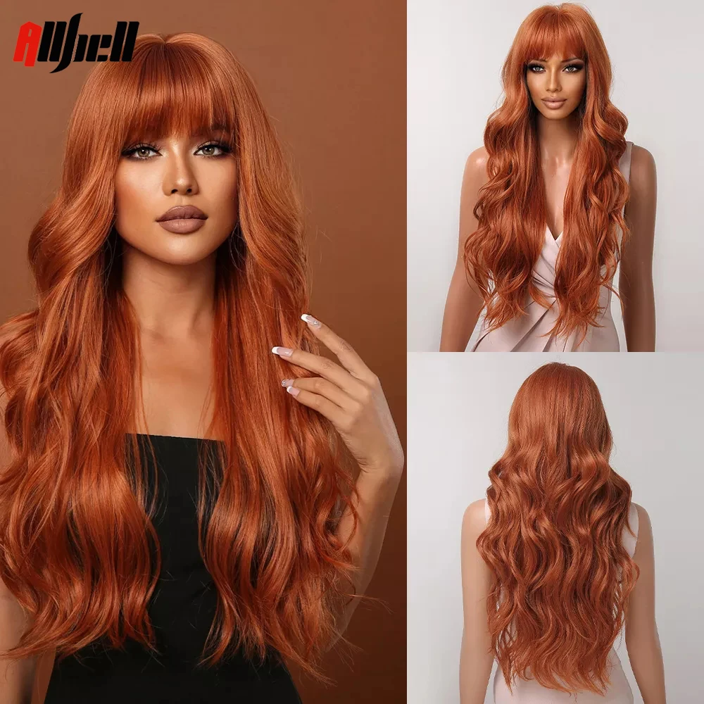 Long Natural Wave Orange Synthetic Wigs With Full Bangs for Black Women Daily Halloween Cosplay Wigs Hair Heat Resistant Fiber