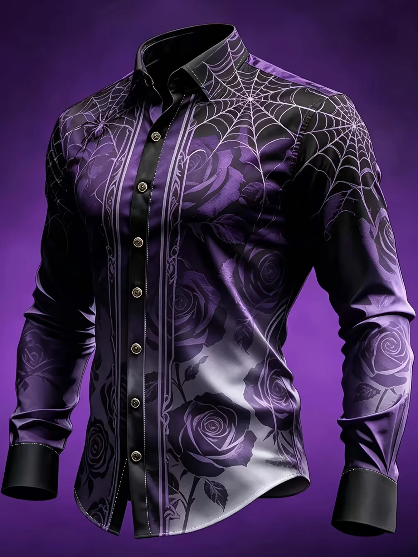 Men Long-Sleeve Button-Down Shirt Purple Black Spider Web Rose Print Polyester Lapel Collar Gothic Party Top