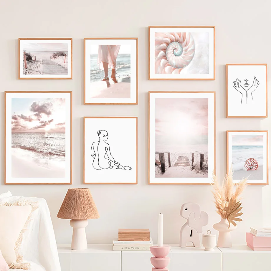 Wall Art Canvas Painting Summer Pink Sunny Bridge Beach Conch Line Girl Nordic Posters And Prints Wall Picture For Living Room