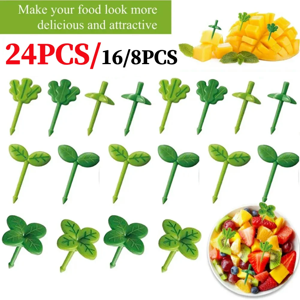 8Pcs Food Fruit Picks Toothpicks Decoration with Leaf Shapes Snack Cake Dessert Appetizers Sandwich Skewers Forks Box Accessory