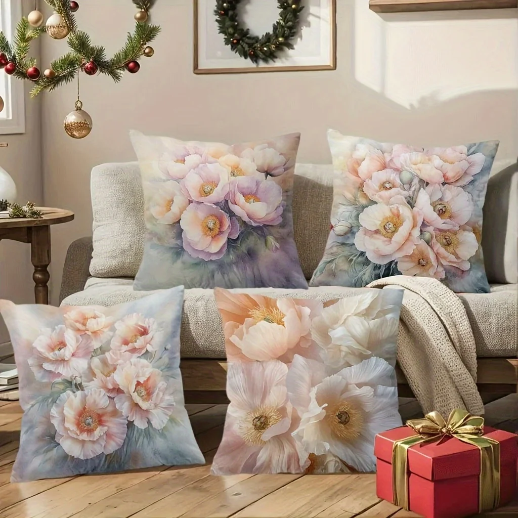 4pcs Pink Poppy Flower Pillow Covers Velvet Polyester Cushion Cases Watercolor Floral Decorative Throw Pillows Home Decor