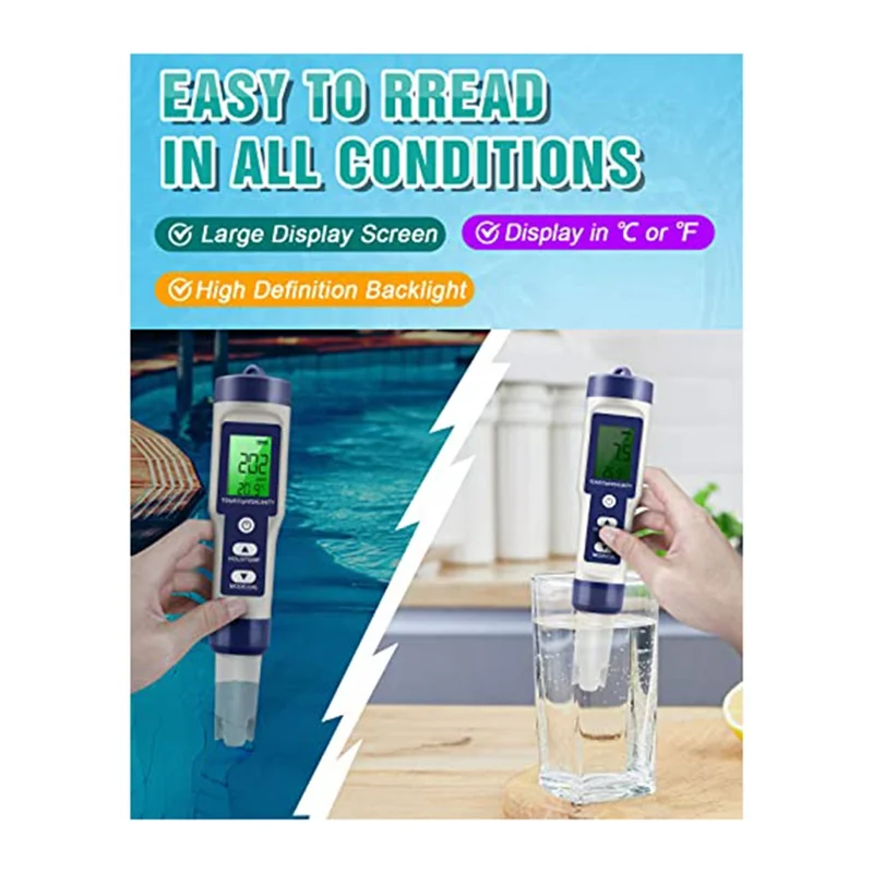 

A60F-0-14 PH Meter 5 In 1 TDS/EC/SALT/TEMP/PH Meter For Drinking Water, Pool And Fish Tank