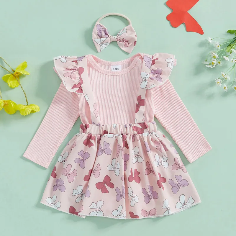 RUEWEY 0 to 24 Months Baby Girls Dress Sets Spring Autumn Clothes Long Sleeve Bodysuit Floral Suspender Dress Bow Headband