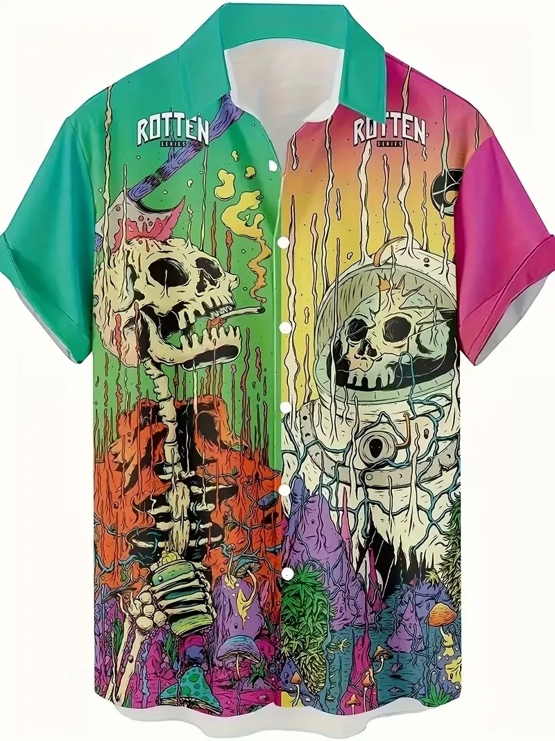 

Рубашка со скелетом на Хэллоуин, винтажная мужская рубашка 2025 года, праздничная уличная одежда, повседневная одежда в стиле панк, свободные гавайские рубашки большого размера