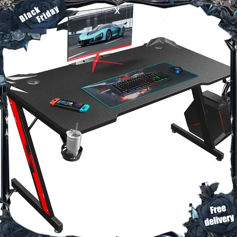 

Gaming Desk, Computer Desk with Carbon Fiber Surface, Gaming Table Z Shaped PC Gaming Workstation Home Office Desks