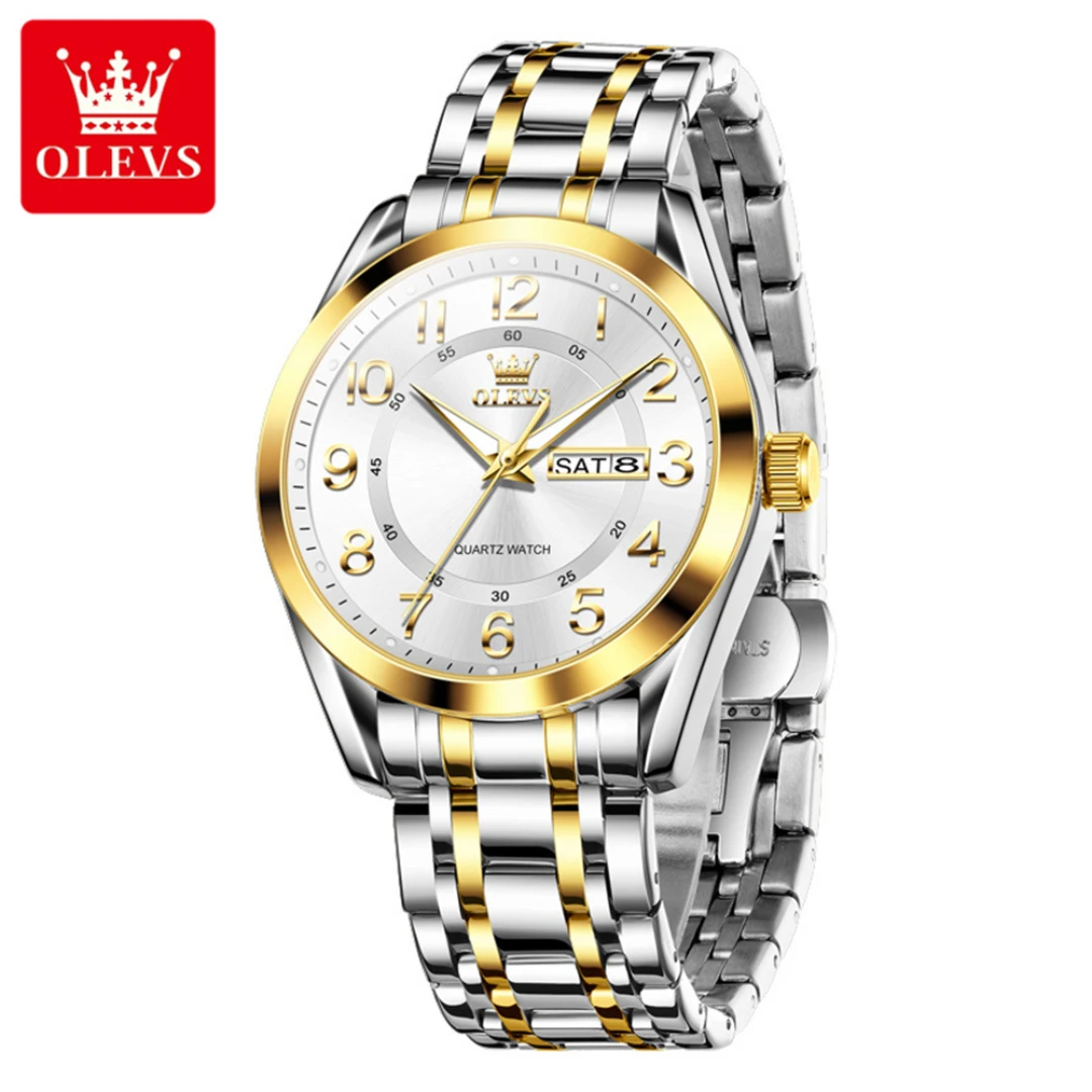 

OLEVS 3666, кварцевые модные часы, подарок, ремешок для часов из нержавеющей стали, наручные часы с круглым циферблатом, дисплей недели, светящийся календарь