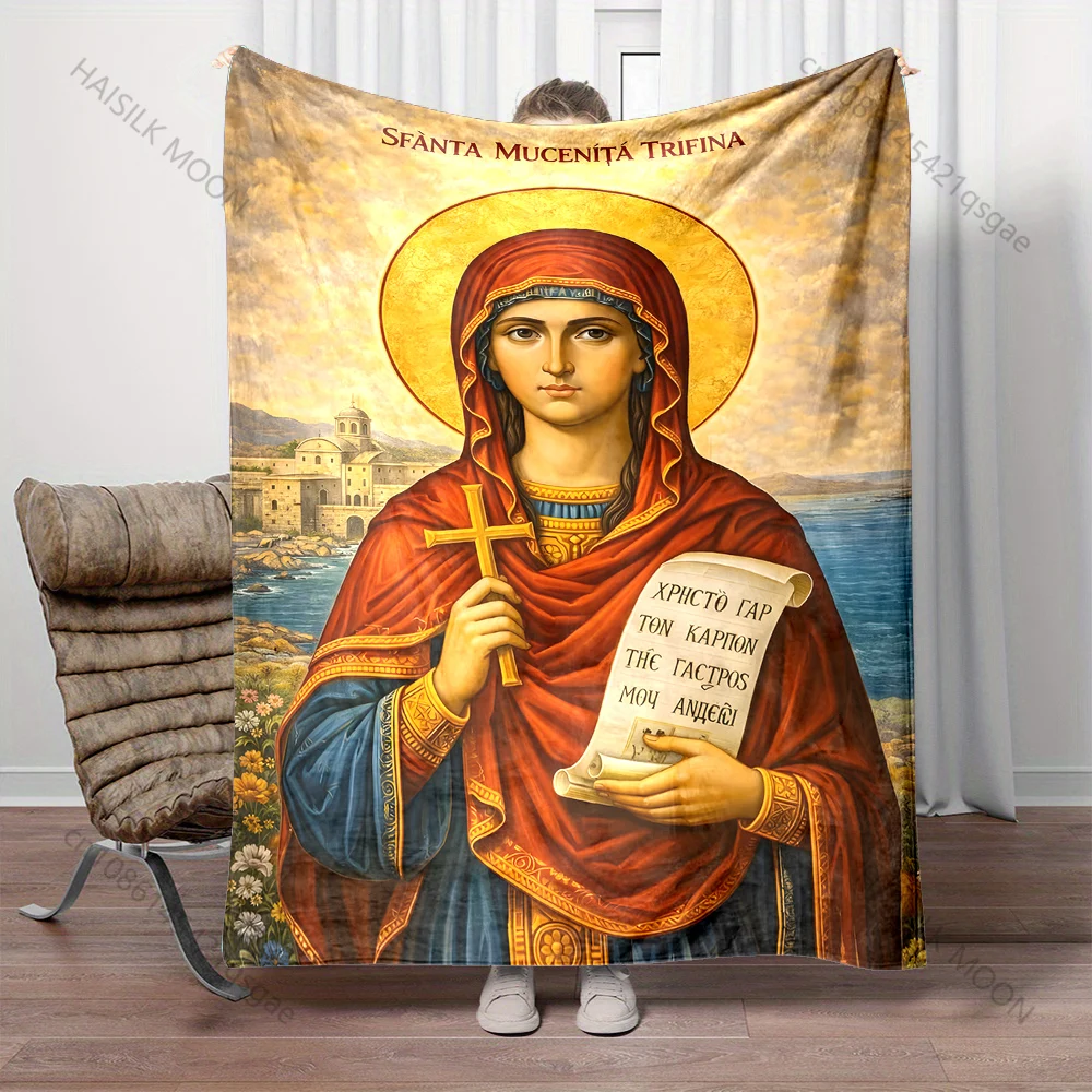 1PC Religious portrait holding cross print blanket Prayer blankets for believers suitable for home sofa camping travel car
