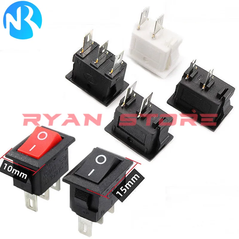KCD11 Rocker Mini Botão Interruptor, On Off, On, On, Off, On, Off-On, 2, 3Pin, 3A, 250V, 6A, 125V, 10x15mm, preto, vermelho, branco, 100pcs