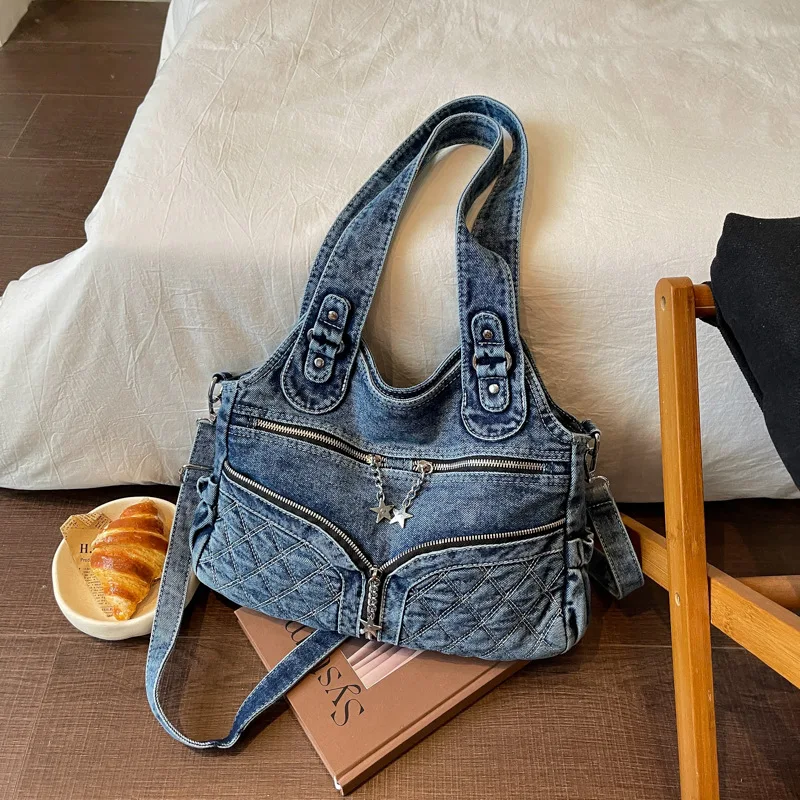Women Vintage Washed Denim Shoulder Bag Y2K Star Charm Multi Zipper Handbag Large Capacity Removable Strap Crossbody Tote Bag