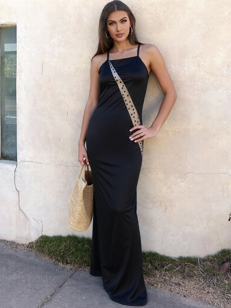 Kliou Sexy Mesh Patchwork Abito lungo Donna Collo basso Senza maniche Irregolare Backless Sera Prom Party Raso di seta Abiti eleganti