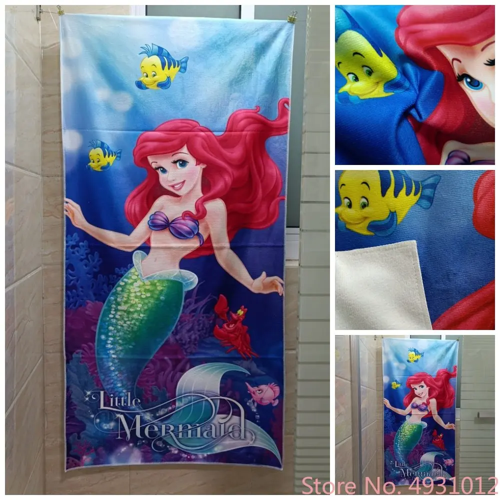 Cartoon Disney Mermaid Ariel Flounder Cute Stitch Baby Beach Bath Towel  Absorbent Microfibre Children Swimming Towels 75x150cm