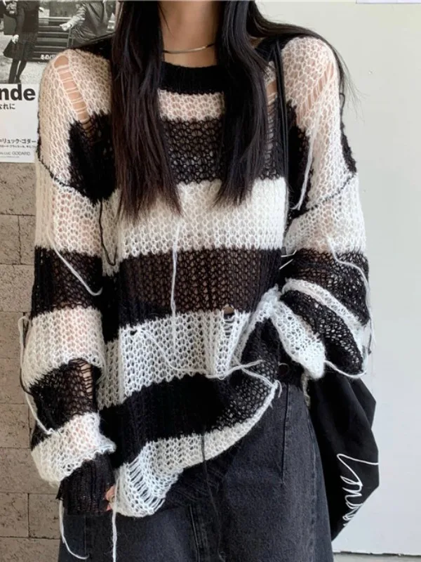 

Осенний корейский свободный длинный вязаный свитер Све с защитой от солнца и отверстиями в полоску, дизайн, универсальный, для похудения, для поездок на работу