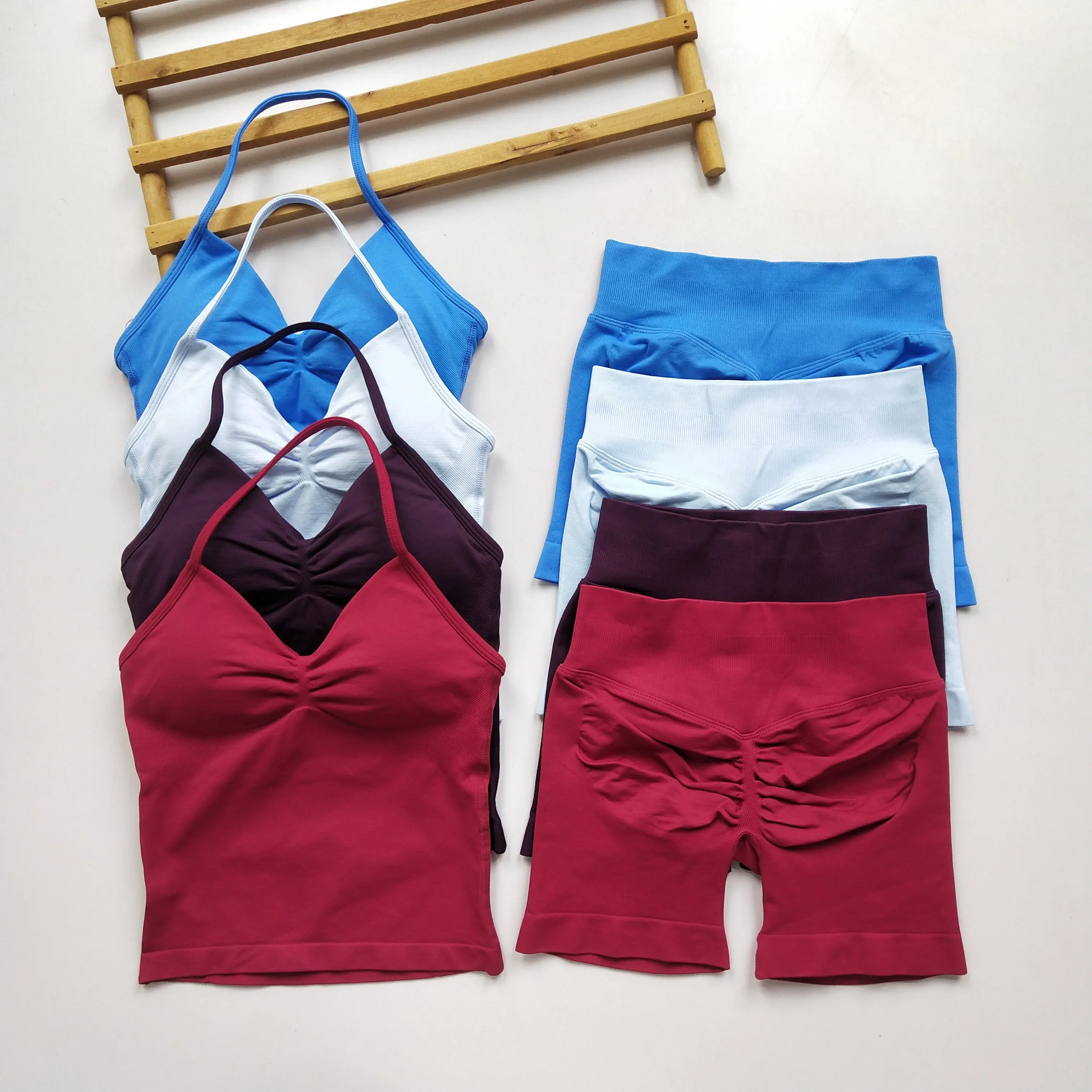 Women's 2pcs Gym Suit Longline Strappy Top Seamless Running Bras with Yoga Fitness Workout Sports Shorts for Running Exercise