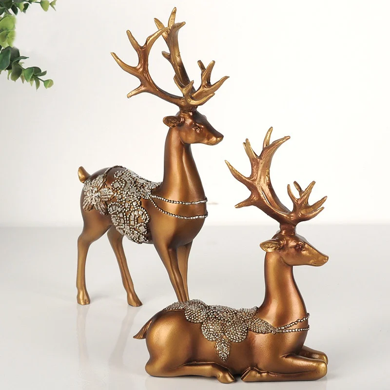 2pcs/set Reindeer Resin Figurines Ornaments Couple Deer Sculpture for Living Room Bookshelf Bedroom Wine Cabinet Decoration