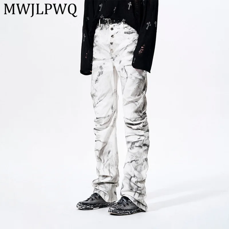 

MWJLPWQ Tie-Dye Curved Hem Jeans Men's Vintage Style Pants Spring Summer Slim-Fit Wrinkled Stacked Design Unisex Trousers 14238
