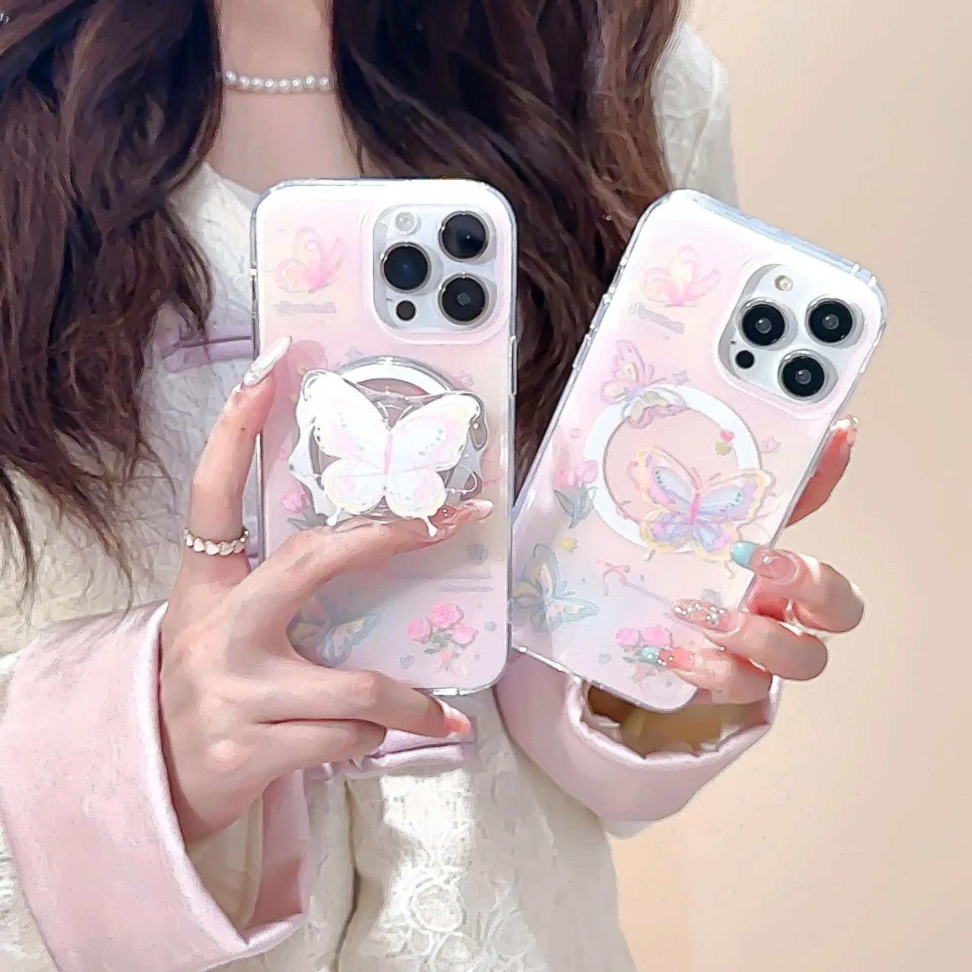 

Magnetic rose butterfly phone case with holder For iPhone 11 12 13 14 15 16 17 Pro max