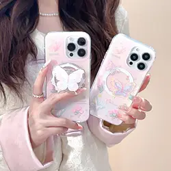 Magnetic rose butterfly phone case with holder For iPhone 11 12 13 14 15 16 17 Pro max