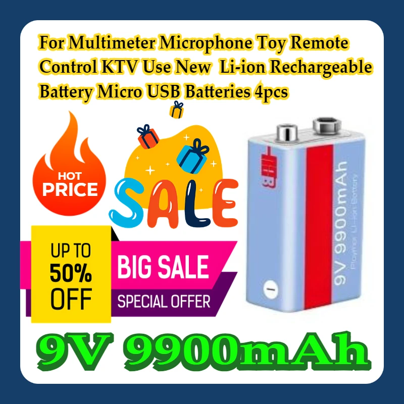 

For Multimeter Microphone Toy Remote Control KTV Use New 9V 9900mAh Li-ion Rechargeable Battery Micro USB Batteries 4pcs