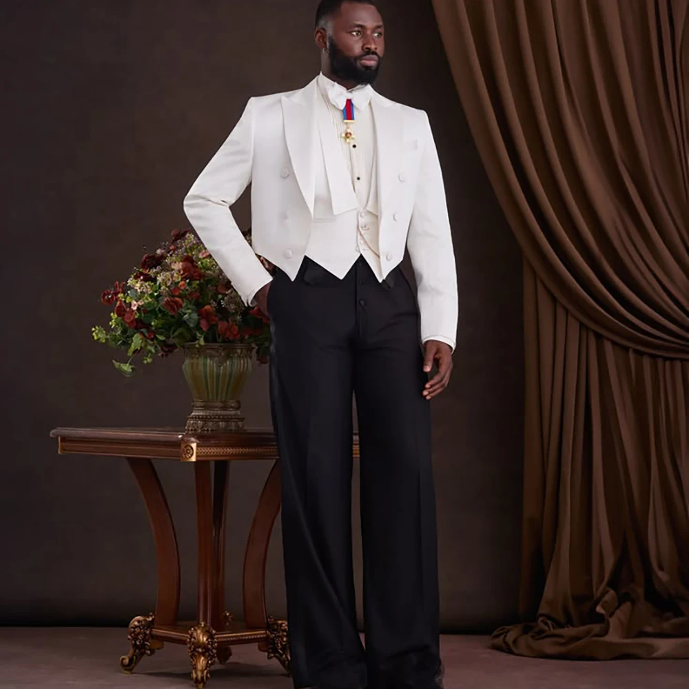 Sharp Men White Tuxedo Suit Double Breasted Jacket Vest Black Wide Leg Pants Formal Wedding Evening Party Groom Luxury Outfit